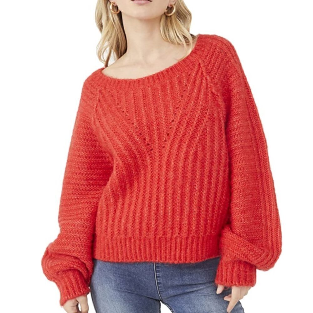 Free People 'Carter' Fuzzy-Knit Pullover Sweater, Red Hot